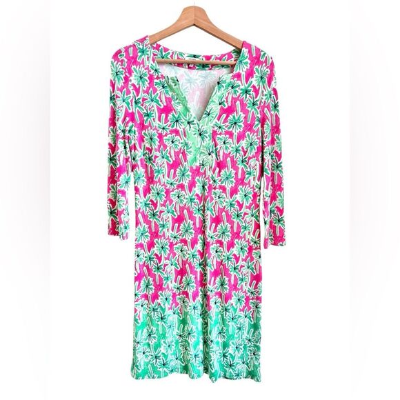 Crown & Ivy Palm Tree Dress Pink Green Size Small 3/4 sleeves split v neck - Picture 1 of 5